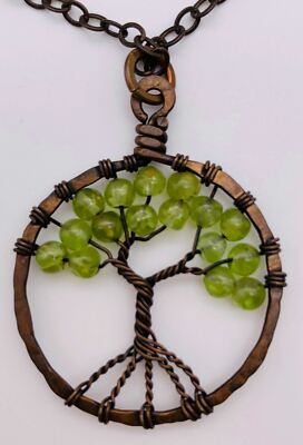 Tree of Life Peridot Stone Pendant Round Gemstone Cut Green Copper Wire Necklace