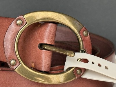 NEW Fossil Brown Leather Belt Wide Sz L UNIQUE Brass Tone 