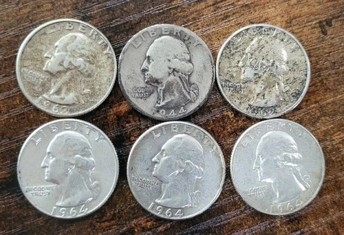 1944-1964 90% Silver US Quarters Lot Of 6 Circulated