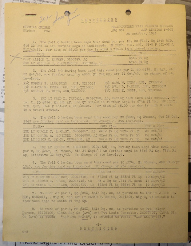 WWII 1943 HQ AAF Station F-341 Special Orders Albion T Sawyer 8 Fighter Command