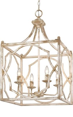 Distressed Beige And Gold 4-Light Chandelier, Height-Adjustable