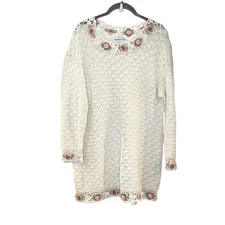Vtg Shenanigans Hand Knitted Long Sleeve Tunic Sweater Crocheted Rose Cottage M