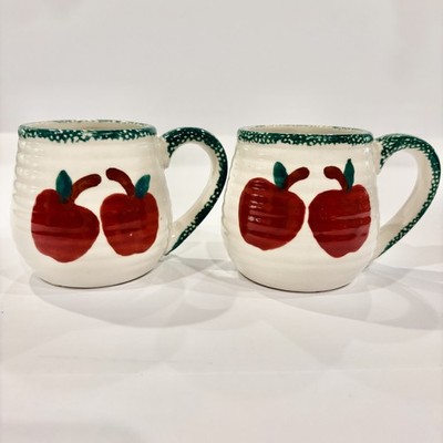 VTG Alco Apple Garden Coffee Mugs Red Apples Green Sponge Rim Ribbed Set of 2