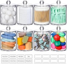 8 Pack Acrylic Qtip Holder Dispenser with Lids Labels, Cotton Swab, Ball,