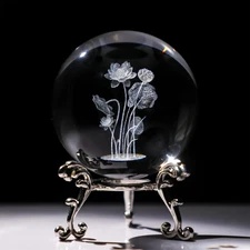 3D Engrving Crystal Lotus Flower Figurine 60mm Flower Crystal Ball with Stand Gl
