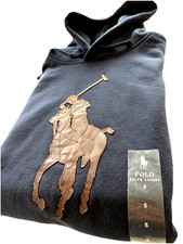 Polo Ralph Lauren New Fleece Hoodie Leather Oversized Polo Player Mens S Blue
