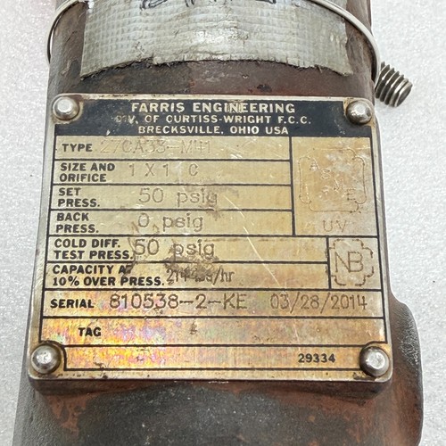 FARRIS ENGINEERING 27CA33-M41 PRESSURE RELIEF VALVE 50 PSIG 1X1 STEAM 214 LBS/HR