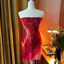 VTG 00s Boho Tie Dye Sequin Tube Dress Pink Orange Fringe Smocked Strapless Mini