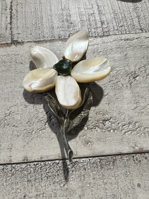 Vtg MOP Jade Chip Natural Stone Flower Brooch In Brass Signed HOB #5835