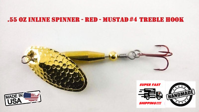 .55 oz Inline Spinner - Polished Brass /RED #4 Mustad Treble /Hammered #5 Blade