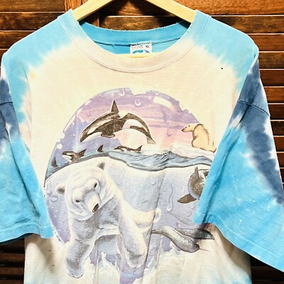 VTG 1997 Liquid Blue Arctic Ocean Harmony Tie Dye Mens Shirt XL Thrashed Dolphin