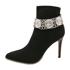 Women Silver Metal Boot Chain Bracelet Coin Medallion Shoe Wide Anklet Charms