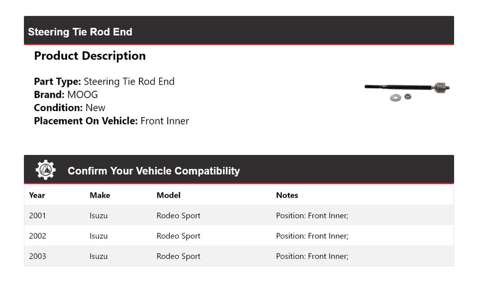 Barra de dirección deportiva Isuzu Rodeo 2001-2003 extremo interior delantero MOOG 2001 2002 Foto 2 de 4