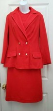 Vtg Womens Skirt Suit Red Pockets Long Sleeves Buttons Notch Lapel 12
