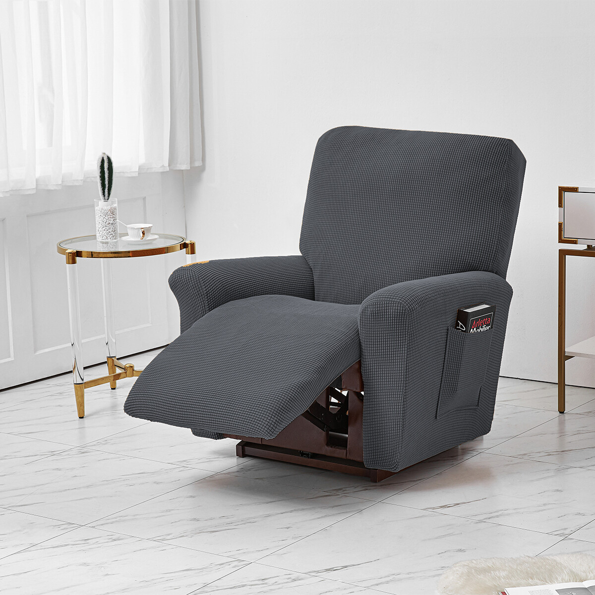 PLODAXE Sesselschoner 4-teilig - Stretch Bezug Für Relaxsessel Samt Schwarz