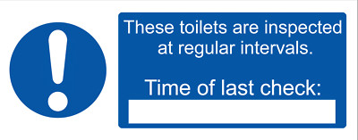 Hinweisschild Aufkleber Abziehbild blau Toiletten geprüft regelmäßige Zeit überprüfen schreiben & abwischen