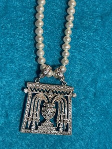 QVC Diamonique Sterling Art Deco CZ & Freshwater Pearl Necklace 16" + Extend