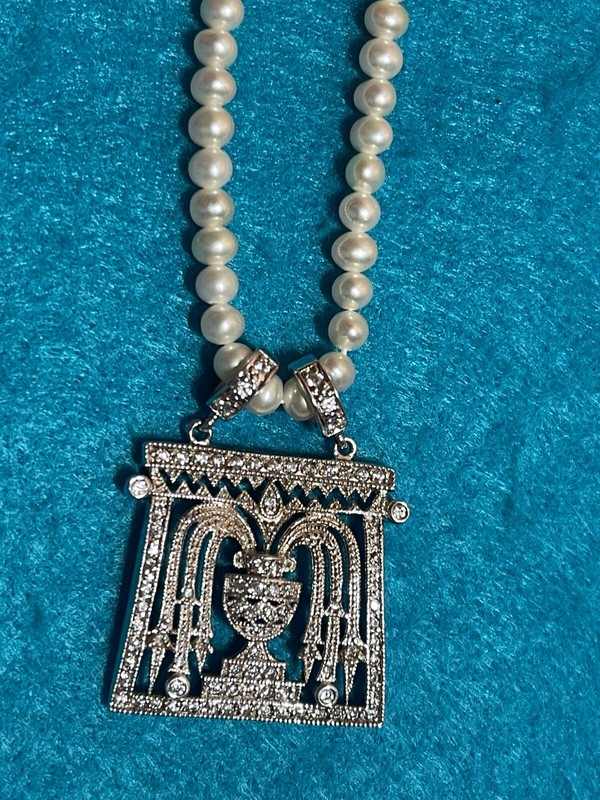 QVC Diamonique Sterling Art Deco CZ & Freshwater Pearl Necklace 16" + Extend