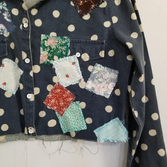 Roxy Repurposed Patchwork Navy Polka Dot Crop But… - image 4