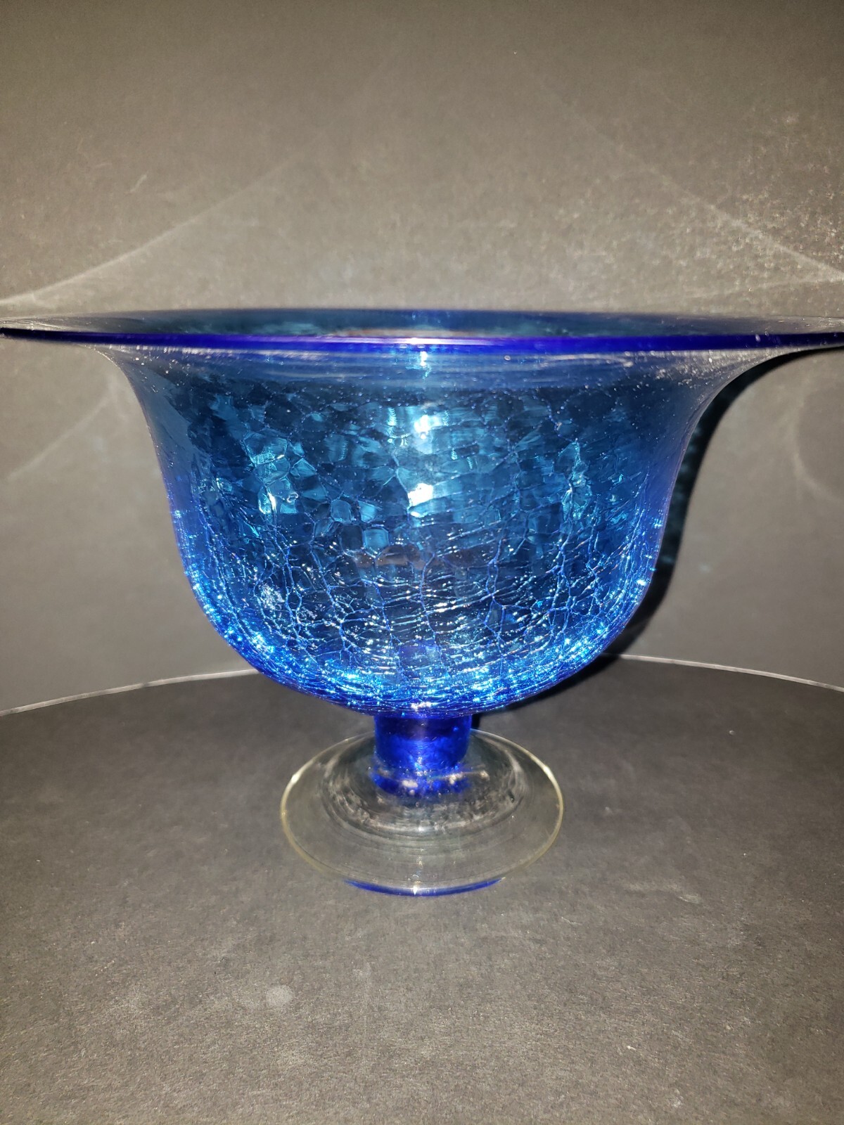 Vintage Blue Crackle Glass Compote 8 Inch Excellent Condition