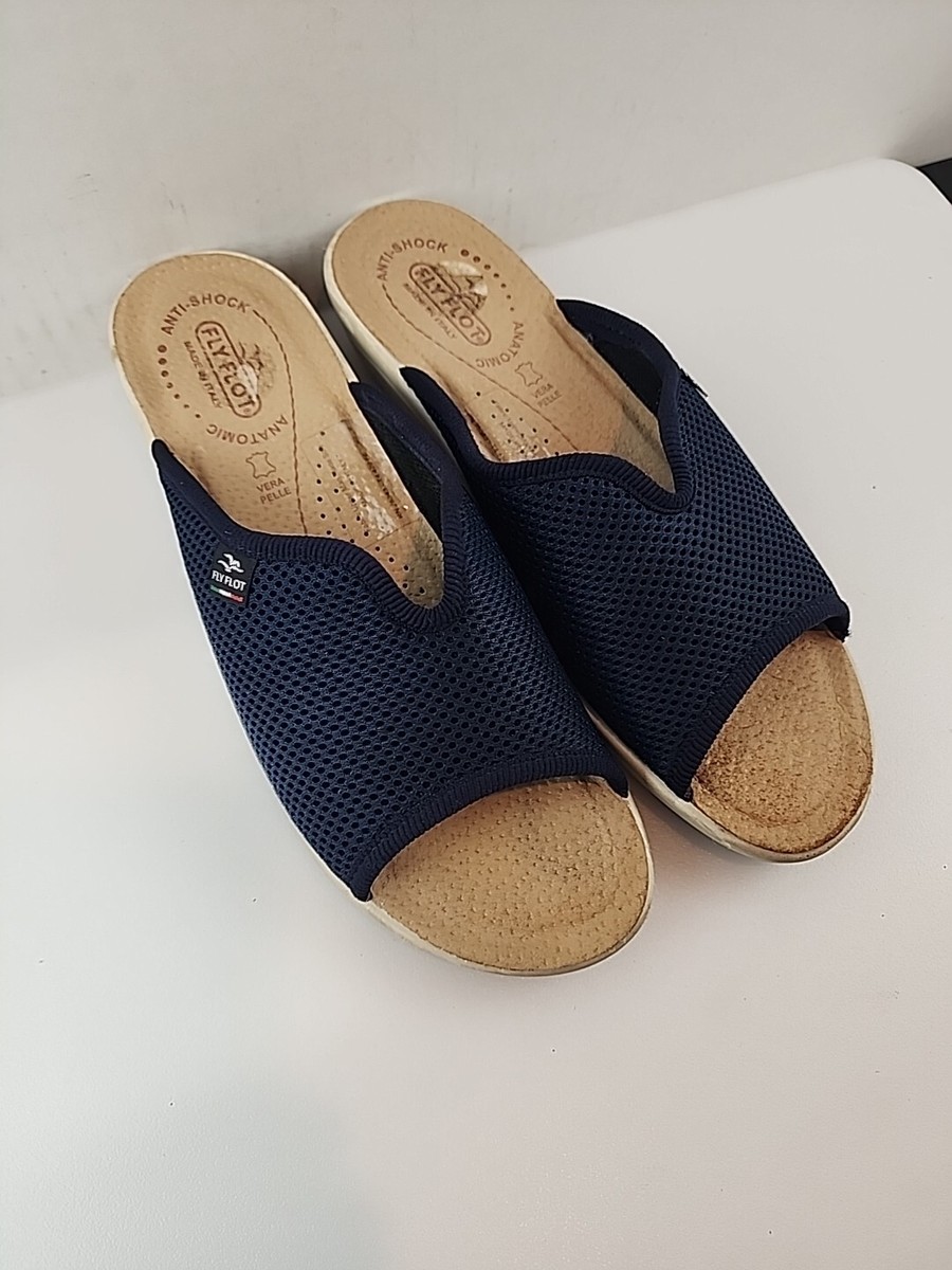 Fly Flot Shoe Women's 40 US Blue Sport Wedge Mules Slip On Mesh Slide  Comfort