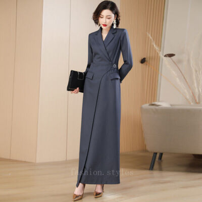 New Grey Suit Dress Long Blazer Dress Women Office Elegant Formal Trench  Coats