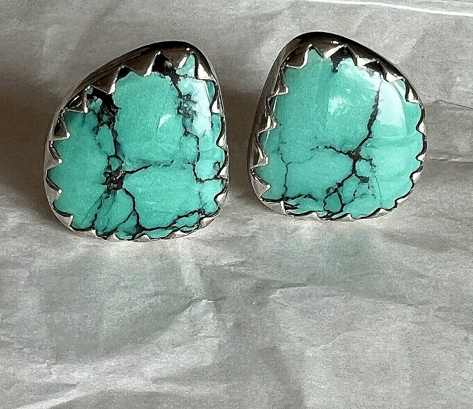 SILVER DIABLO ORGANICS GAUGE EAR PLUGS ONE OF A KIND FREE FORM TURQUOISE PIERCED - Image 3 of 4