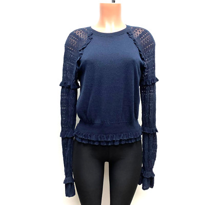 Jonathan Simkhai Women Navy Crew Neck Long Sleeve Ruffle Trim Pullover Sweater M
