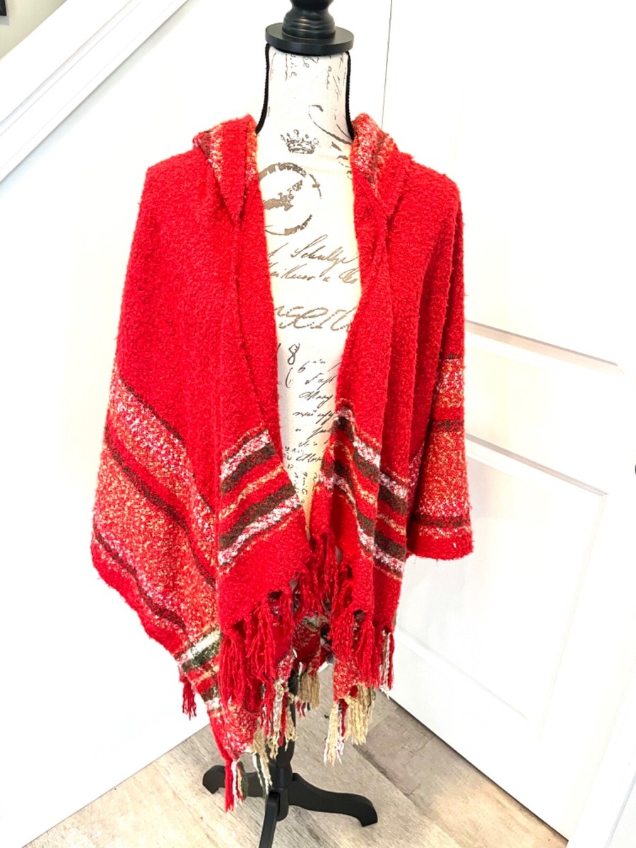Simply Noelle Knit Hooded Shawl Wrap Fringe Red Khaki Beige Plaid One Size  OS