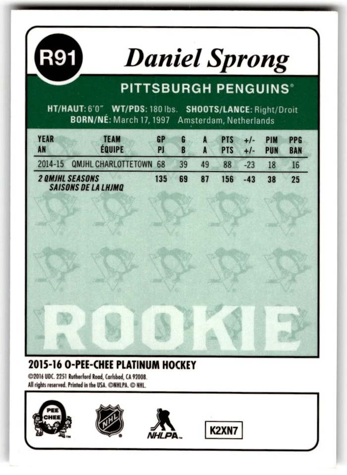 2015-16 O-Pee-Chee Platinum Retro Daniel Sprong Rookie #R91 Pittsburgh Penguins - Image 2 of 2