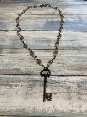 Amethyst and Quartz gemstone bead Necklace Key Artisan Made 26'' pendant