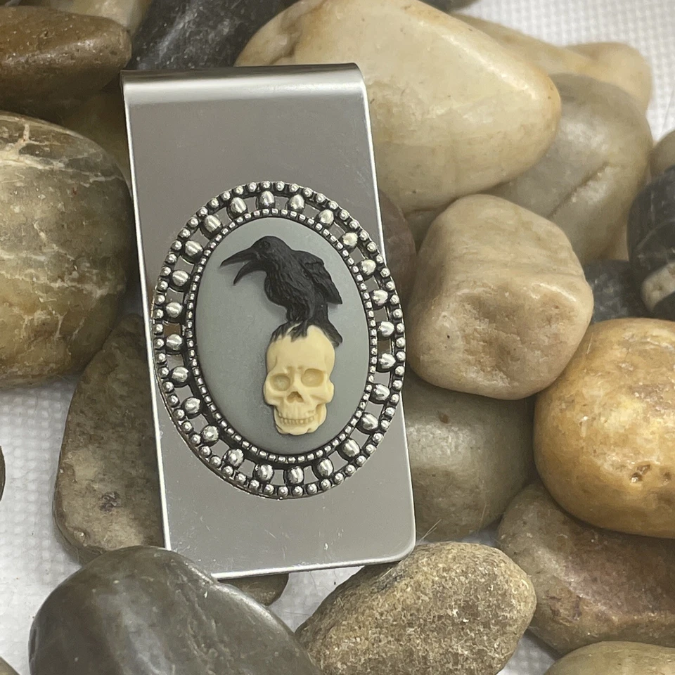 Cuervo Cuervo Negro Cuervo Calavera Gótico Clip de Dinero Acero Inoxidable ÚNICO Calidad Boda Foto 2 de 4