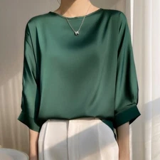 2023 New Women Silk Satin Tops Round Neck 3/4 Sleeve Pullover Soft Shirts Blouse