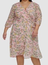 Tommy Hilfiger Women's Pink Floral Chiffon 3/4-Sleeve Midi Dress Plus Size 18W
