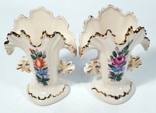 Welsey Vases Pair Ceramic Floral Design with Gold Trim Made in England