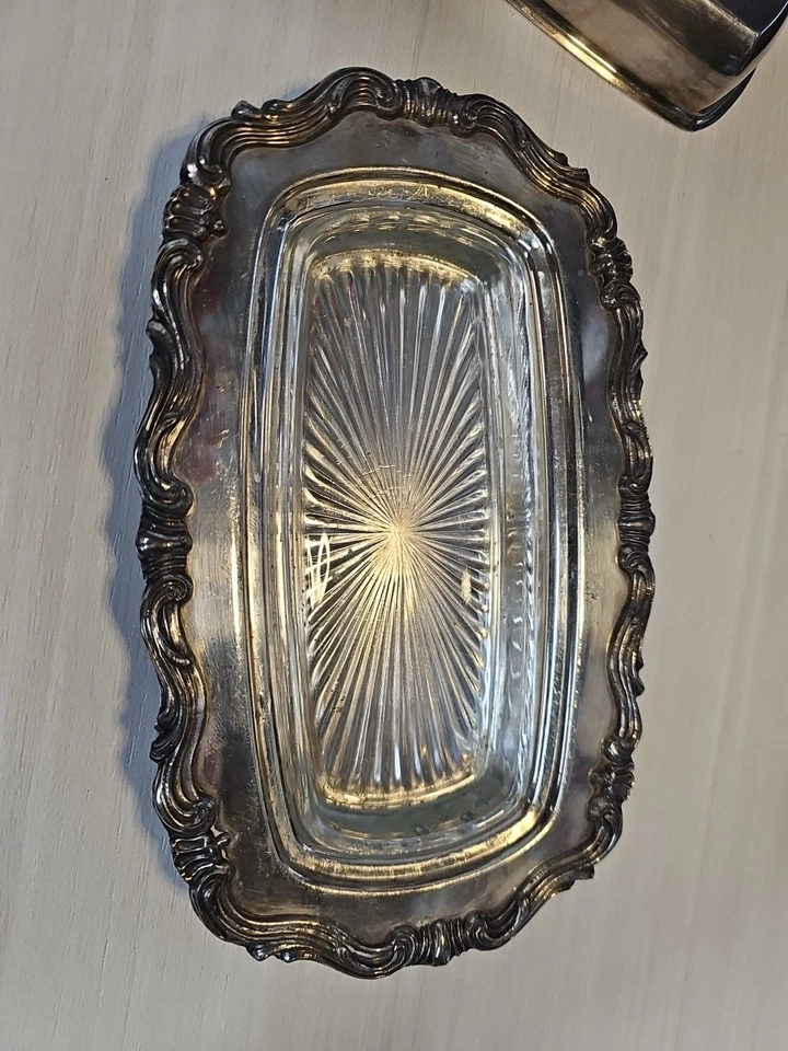 Plato de mantequilla vintage FB Rogers plateado, 8x5x3, con inserto de vidrio 1959X Foto 3 de 4