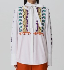 Valentino Women White Scarf-Neck Paisley-Embroidered Button-up Shirt Top Size 38
