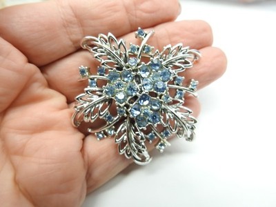 Blue Rhinestone Blooming Silver Tone Metal Leaf Brooch Vintage