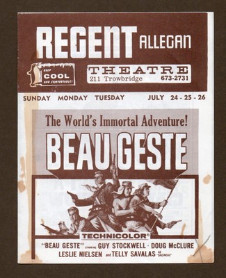 Regent Theater Handbill Flyer, Vintage 1966, Elvis, Beau Geste Kirk Douglas