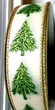 Christmas Trees Pines Metallic Gold on Ivory Wired Ribbon 1.5" x 2 yd Vertical