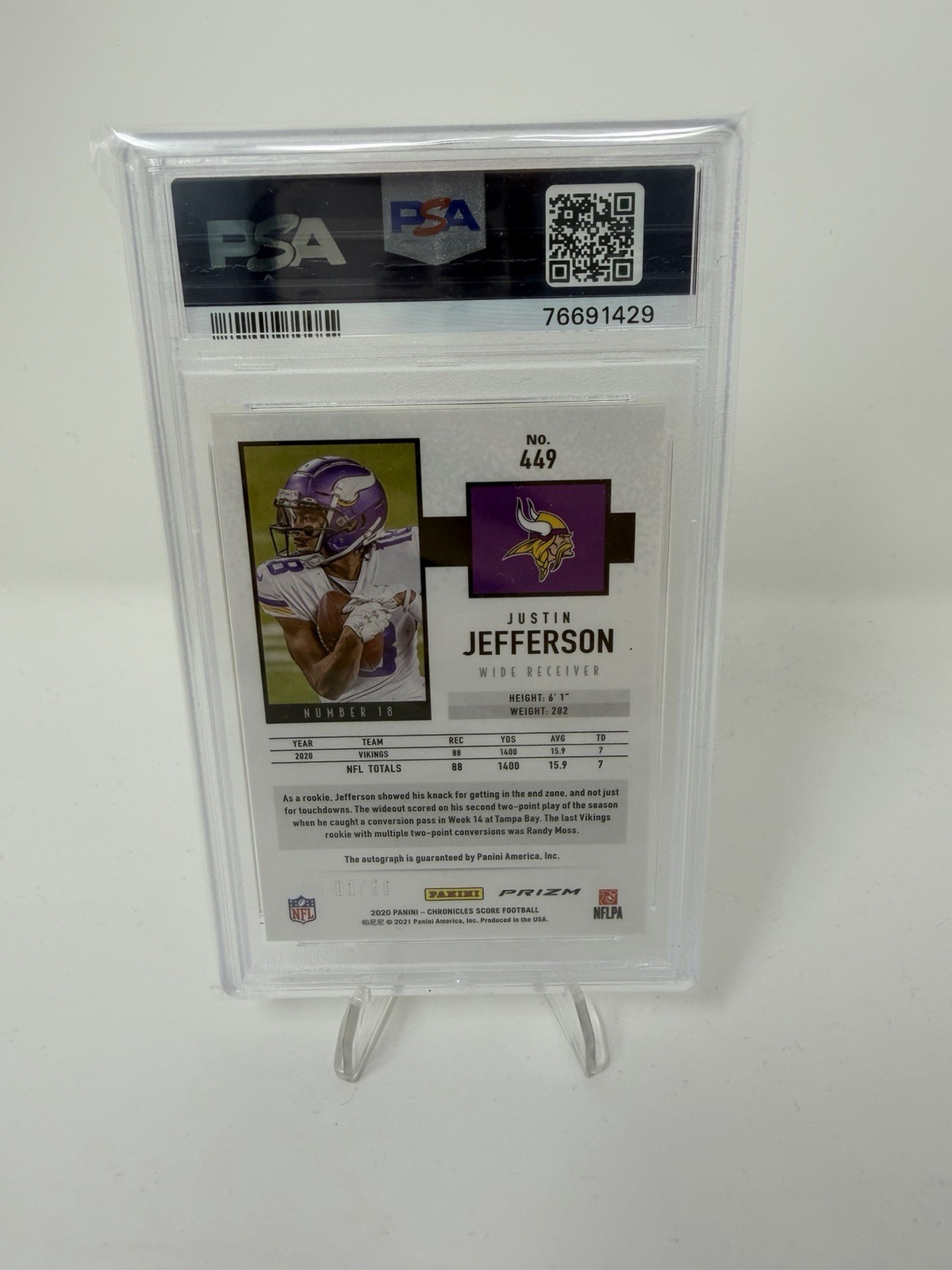 2020 Chronicles Score Justin Jefferson RC Auto Gold /50 PSA 8 view 2