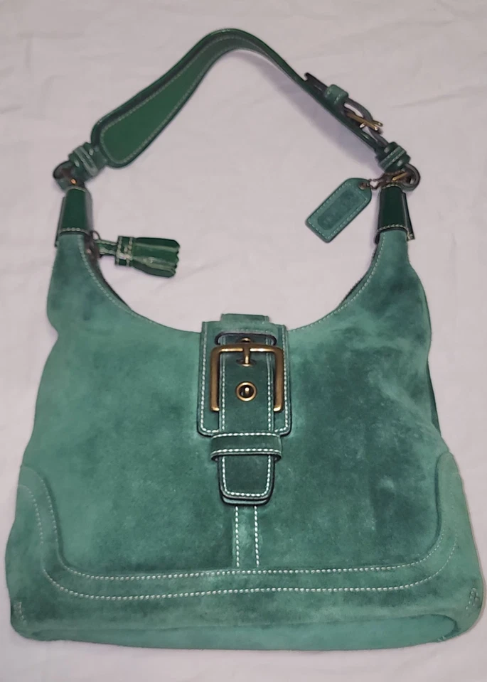 复古 Y2K COACH 7471 Hamilton Soho Kelly 绿色麂皮绒翻盖单肩包/Hobo 包拉链 — 第 3/4 张图片