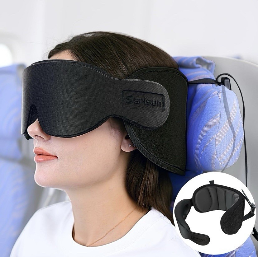 Sarisun Compact Travel Pillow with Neck Support and Eye Mask for Airplane Comfort