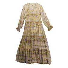 Shyanne Tiered Maxi Dress Boho Print V Neck Long Sleeve Sz M