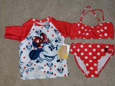 Disney Minnie Mouse Girls 3 Piece Rash Guard Bikini Shirt Swimsuit, Size 9/10