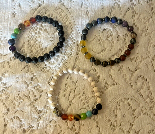 Chakra Bracelets Lot of 3 Lava Quartz Healing Stretch - Picture 2 of 5