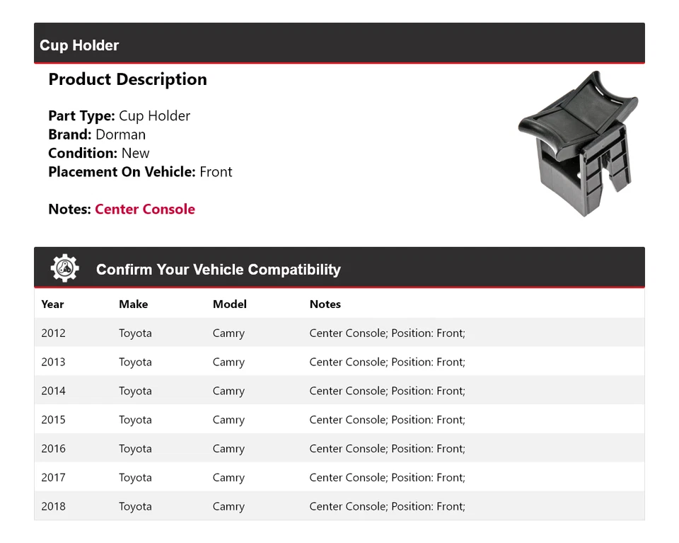 Porta-copo dianteiro Toyota Camry Dorman 2012-2018 2013 2014 2015 2016 2017 - Imagem 2 de 4