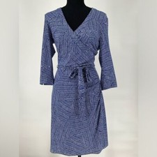 LAUNDRY BY SHELLI SEGAL FAUX WRAP STYLE DRESS BLUE & WHITE V-NECK,TIES AT WAIST