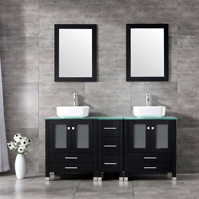 60'' Double Bathroom Vanity Black Cabinet Glass Vessel Sink Bowl Mirror w/Faucet