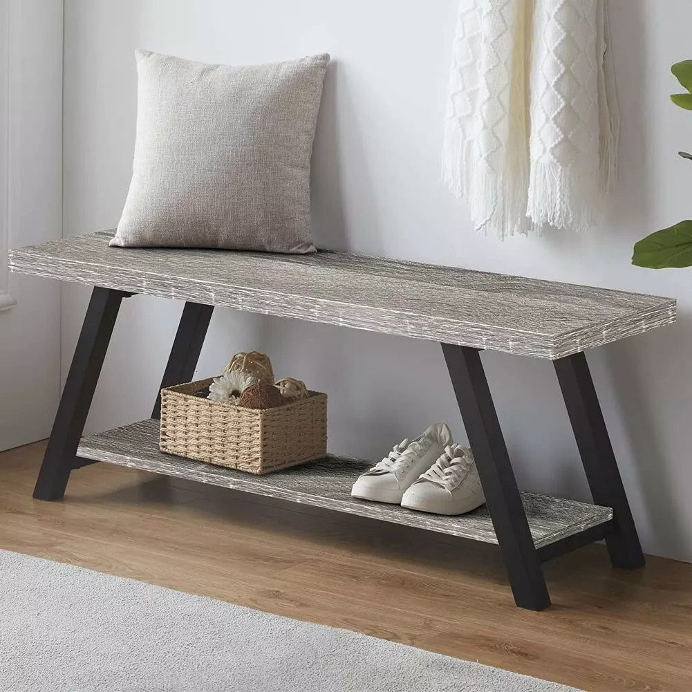 LVB Farmhouse Entryway Bench Rustic Wood and Metal Storage Bench